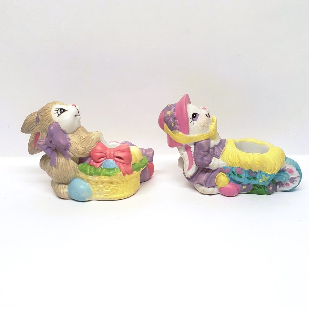 Vintage Giftco Easter Bunny Taper Candle Holder Set Egg Lot x2 Porcelain Rabbit